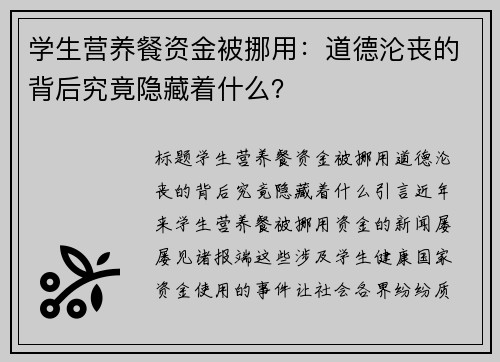 学生营养餐资金被挪用：道德沦丧的背后究竟隐藏着什么？