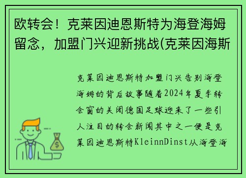 欧转会！克莱因迪恩斯特为海登海姆留念，加盟门兴迎新挑战(克莱因海斯勒)