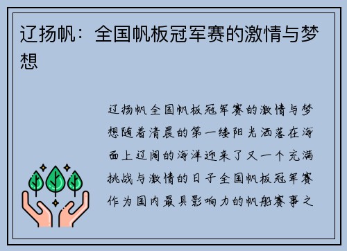 辽扬帆：全国帆板冠军赛的激情与梦想