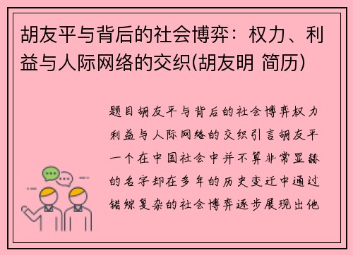 胡友平与背后的社会博弈：权力、利益与人际网络的交织(胡友明 简历)